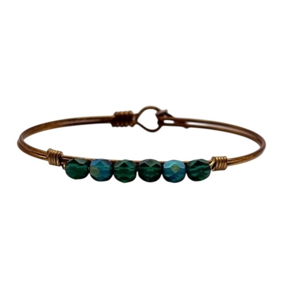 Luca + Danni Bangle Bracelet Green Brass Beaded Hook Clasp Stackable L+S USA